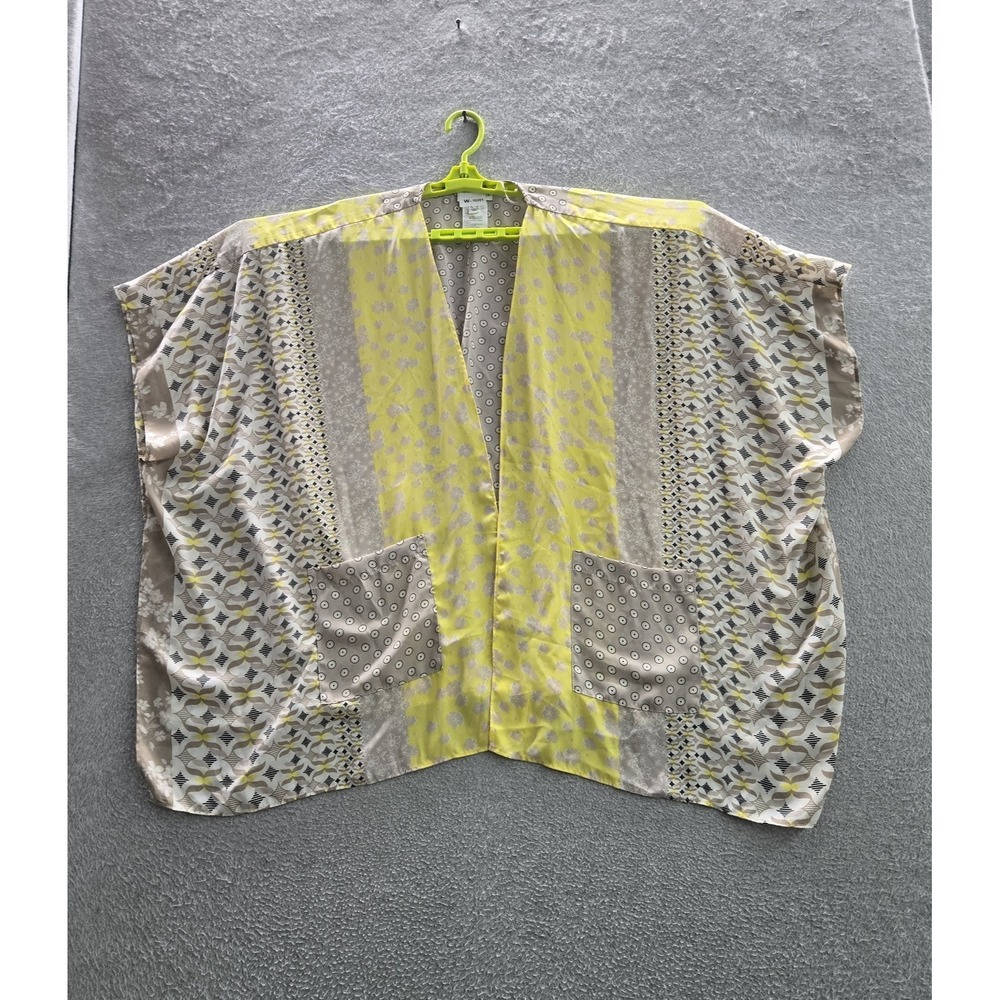 Susan Graver Women Blouse Medium Petite Yellow Floral Kimono Open Front Pockets
